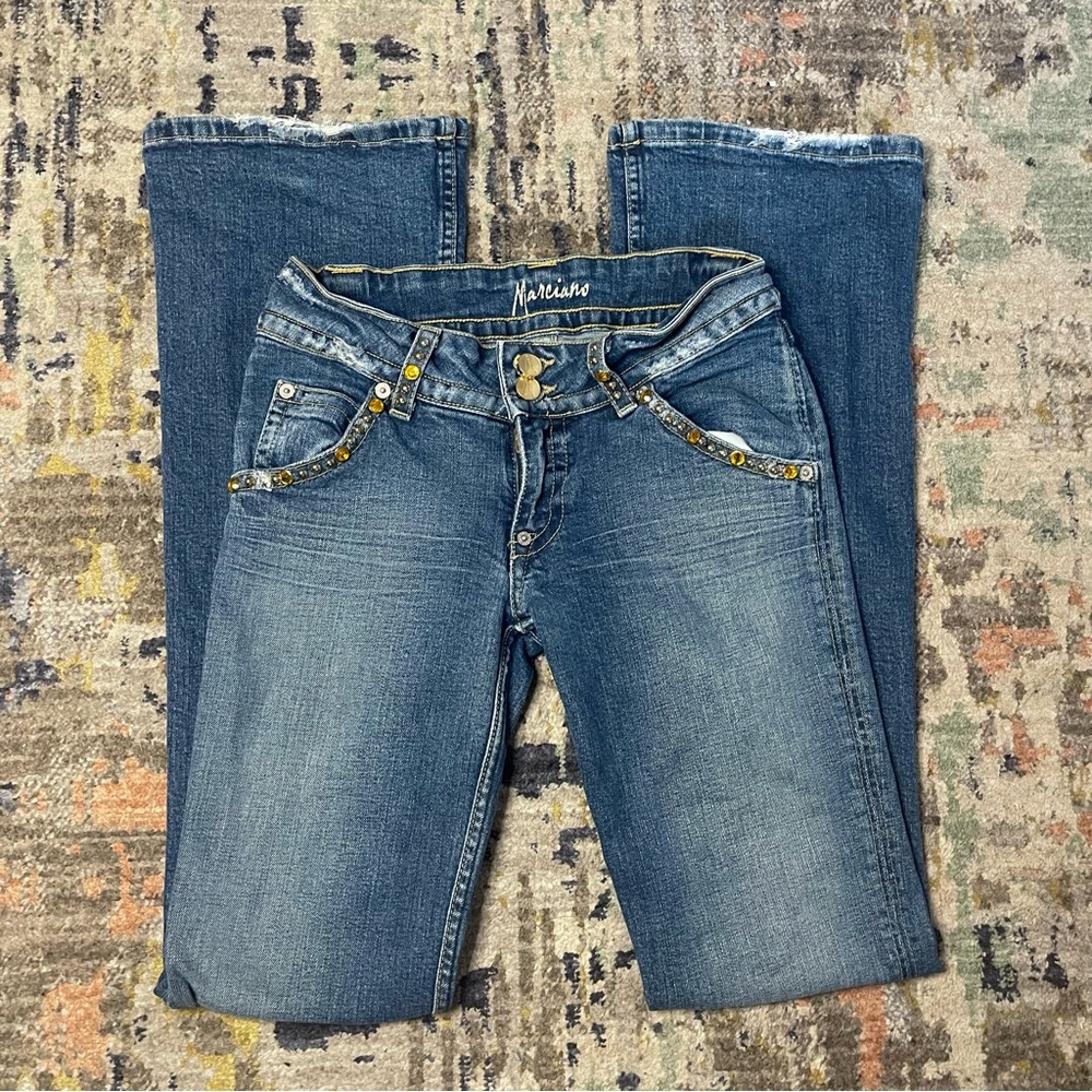 flared low rise blue jeans